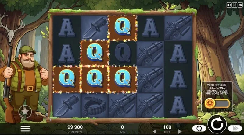 Hunt the Bucks – главен екран за игра 5x4 со шумски животни и Coin-симболи