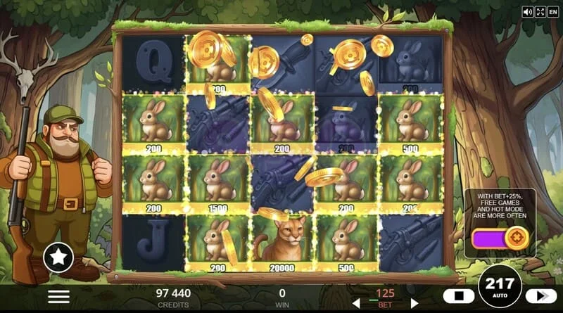 Hunt the Bucks – специјални симболи Hunter-Wild, Scatter и Animal Credit на мрежата